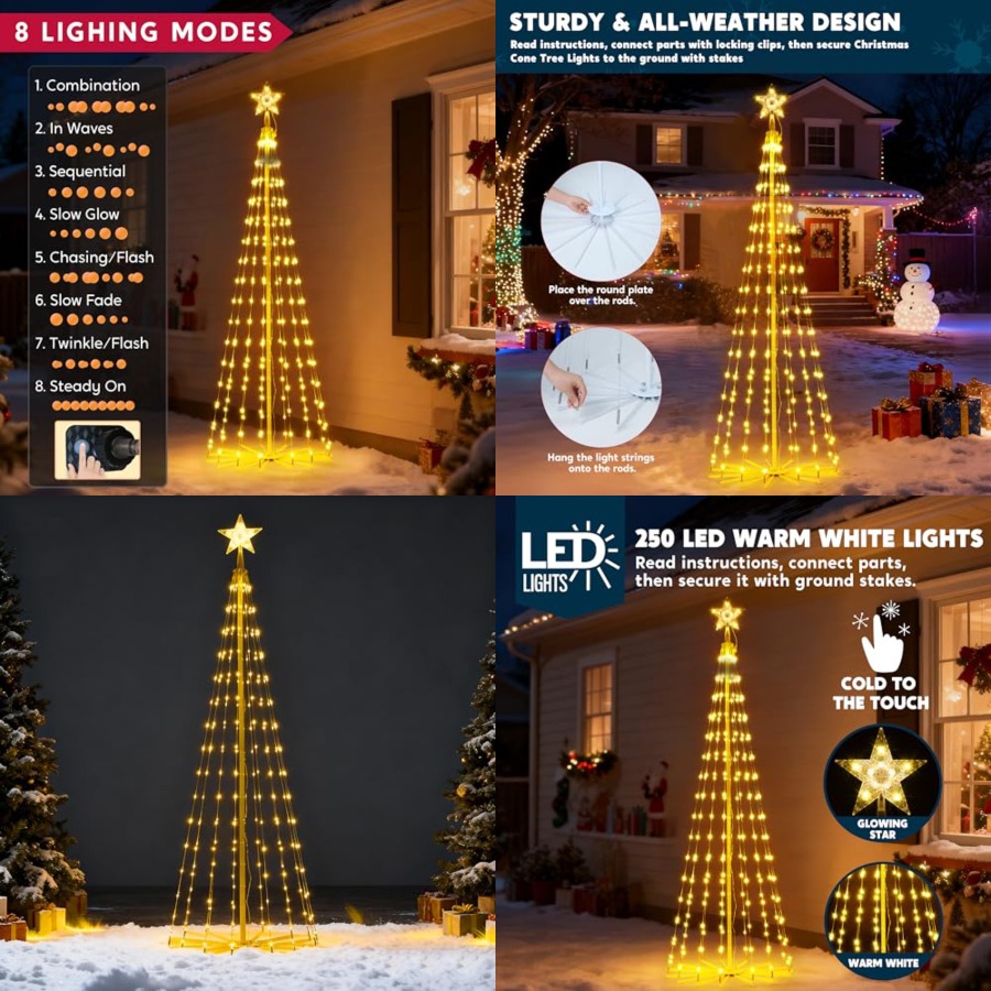 Star Tree Topper - LED Christmas Cone Tree Lights, 6Feet