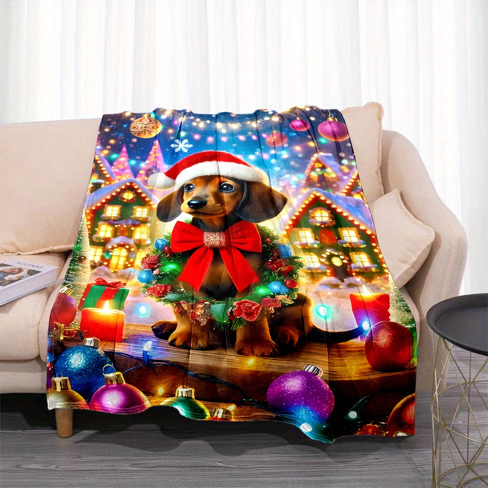 Christmas Throw Blanket - Holiday Christmas Dachshund with Santa Hat
